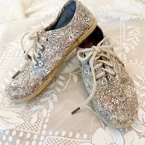 Toms Floral Lace-Up Espadrilles in Cream, Lilac, and soft yellow